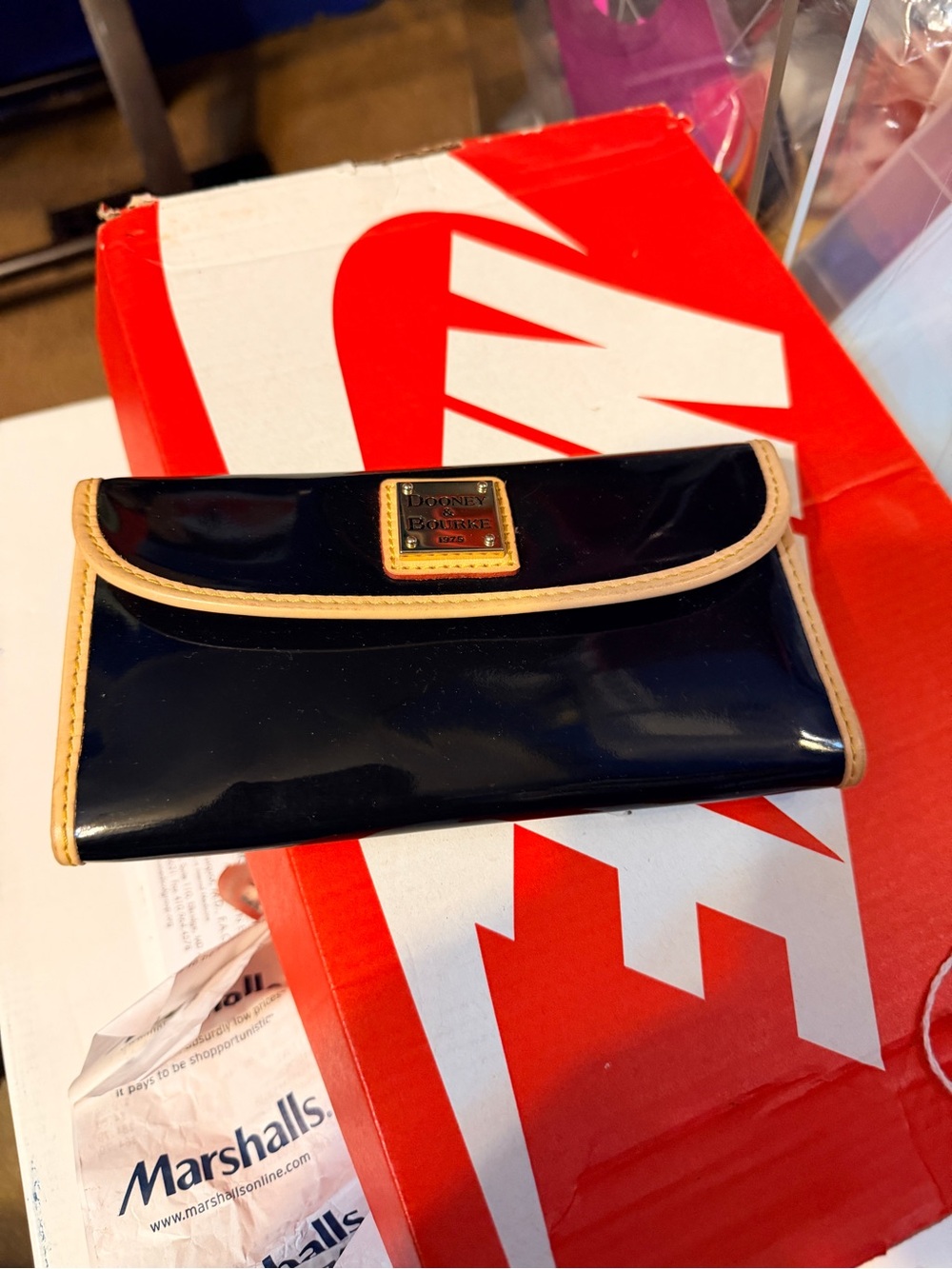 New Dooney & Bourke Black Patent Leather Wallet with Tan Trim